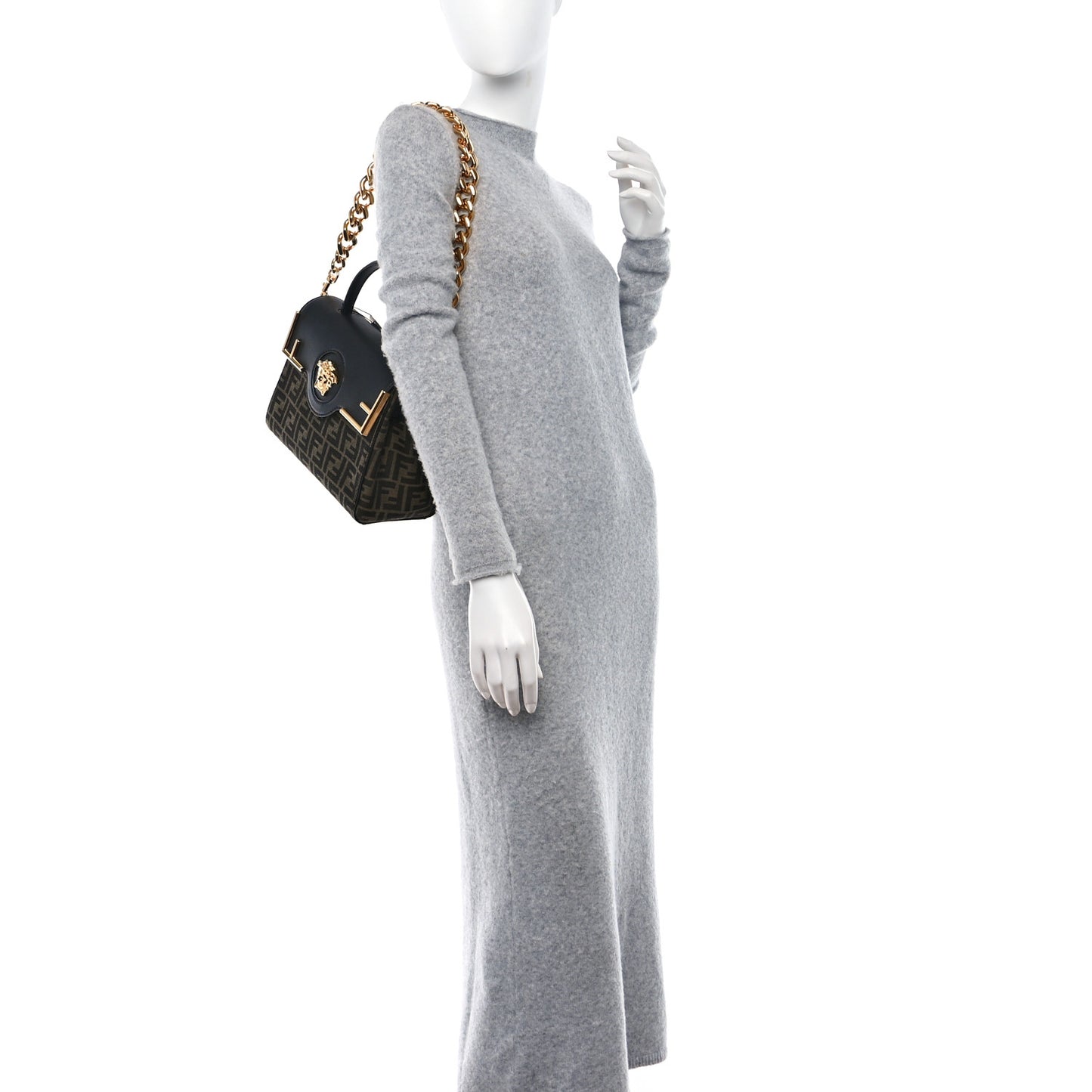 X FENDI Grained Calfskin Fendace Medium La Medusa Top Handle Bag Black Brown