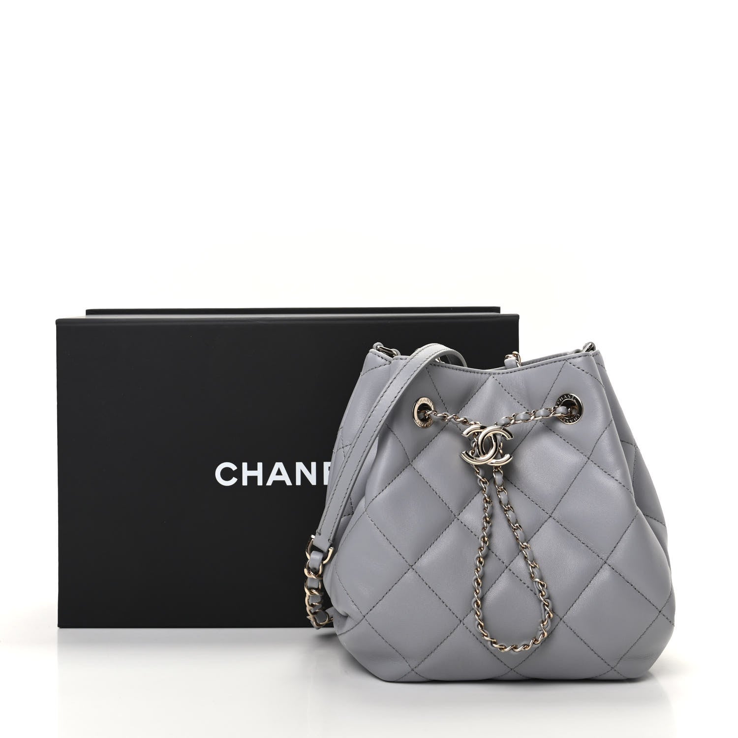 Chanel Lambskin Quilted CC Dweller Drawstring Bucket Bag Light Grey 10 of 10
