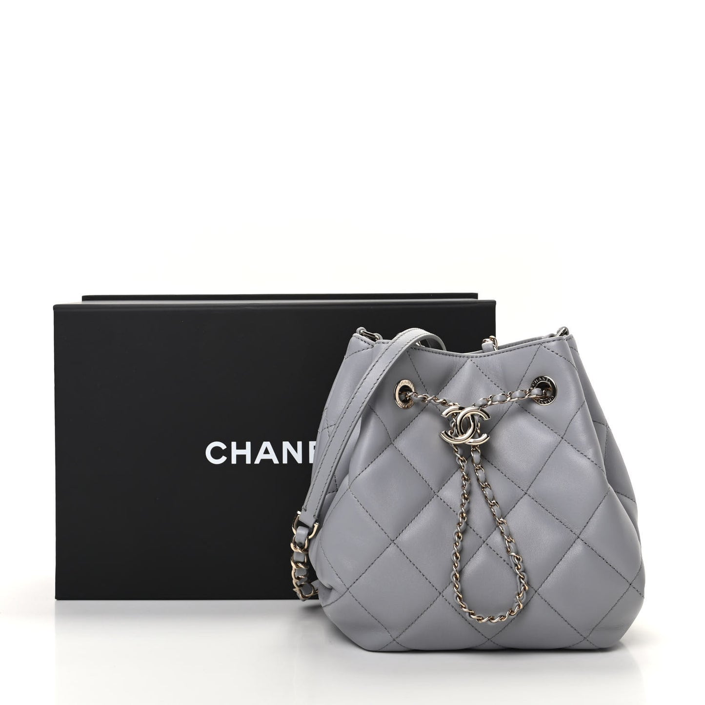 Lambskin Quilted CC Dweller Drawstring Bucket Bag Light Grey