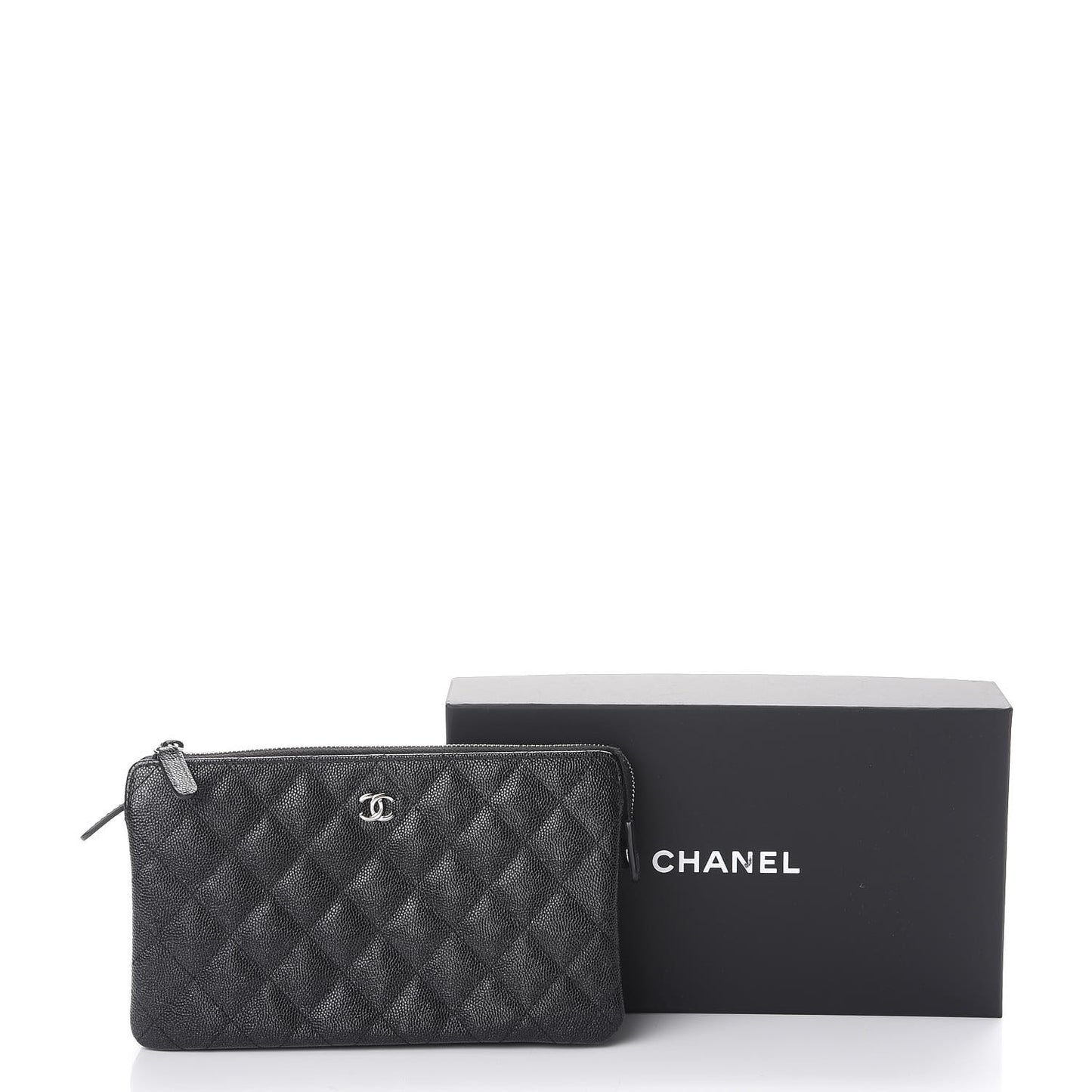 Iridescent Caviar Quilted Large Zipped Clutch Black