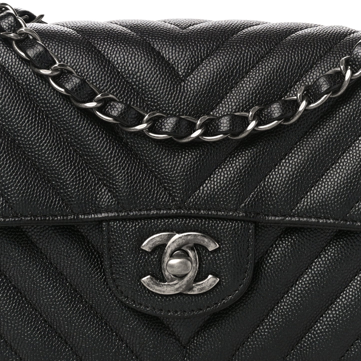 Caviar Chevron Quilted Mini Rectangular Flap Black