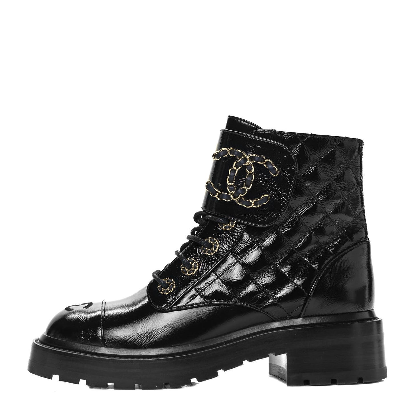 Shiny Calfskin Quilted Lace Up Combat Boots 36 Black