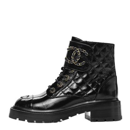 Chanel Shiny Calfskin Quilted Lace Up Combat Boots 36 Black 1 of 8