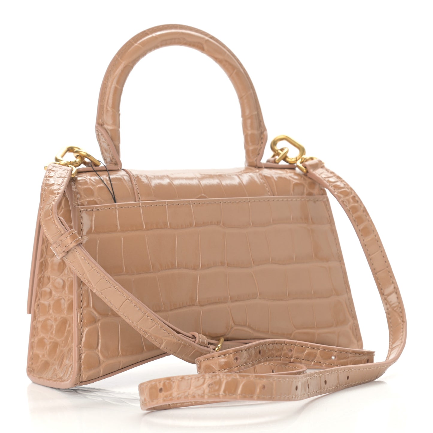 Shiny Calfskin Crocodile Embossed Hourglass Top Handle Bag XS Nude Beige