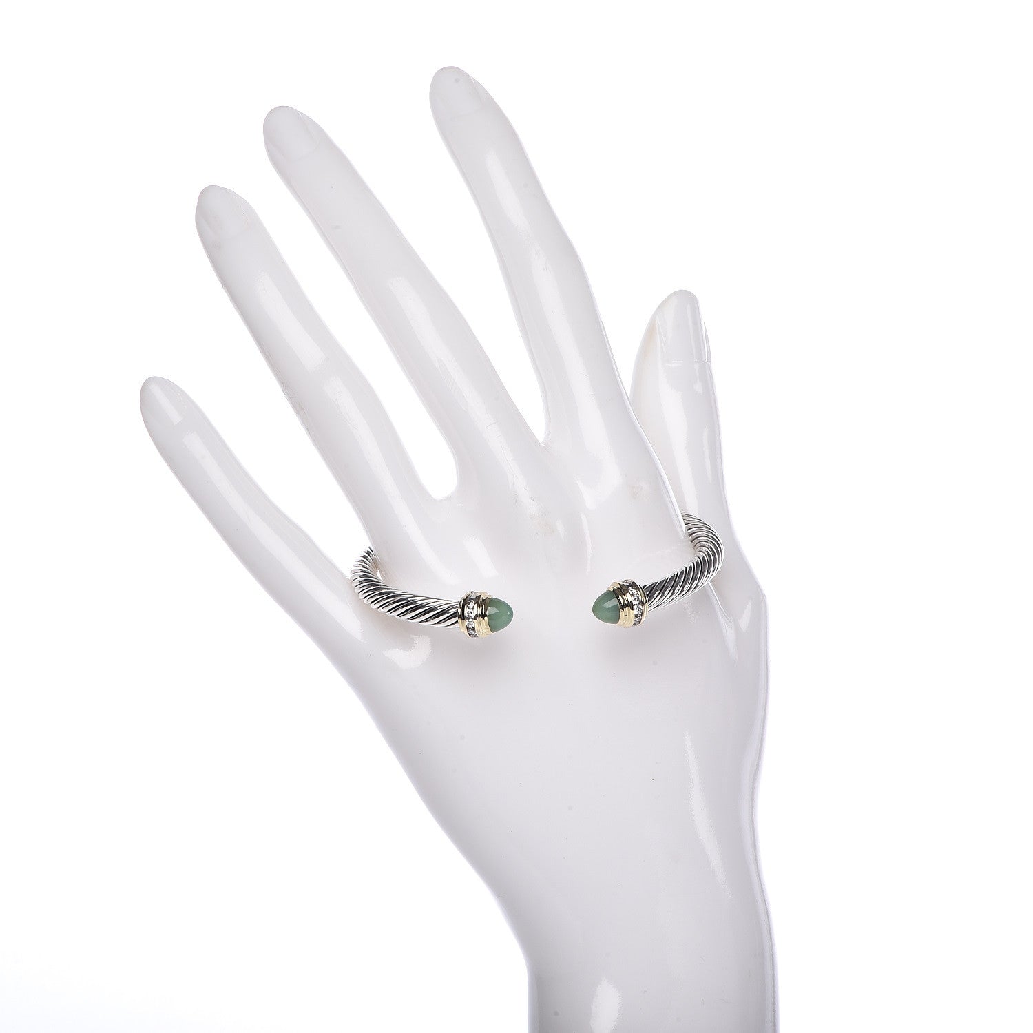 David Yurman Sterling Silver 18K Yellow Gold Diamond Green Opal 5mm Cable Classics Bracelet 2 of 5