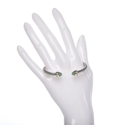 David Yurman Sterling Silver 18K Yellow Gold Diamond Green Opal 5mm Cable Classics Bracelet 2 of 5