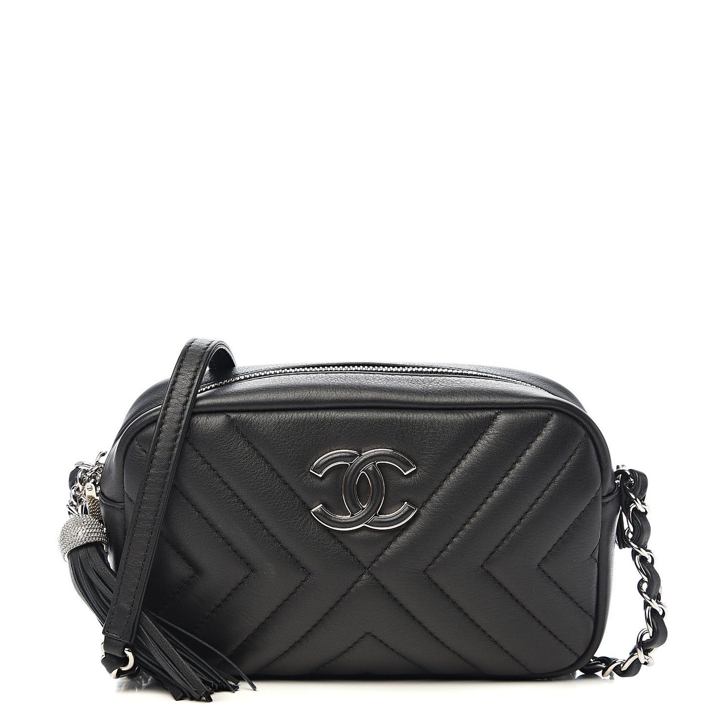 Calfskin Diagonal Chevron Quilted Tassel Camera Case Black