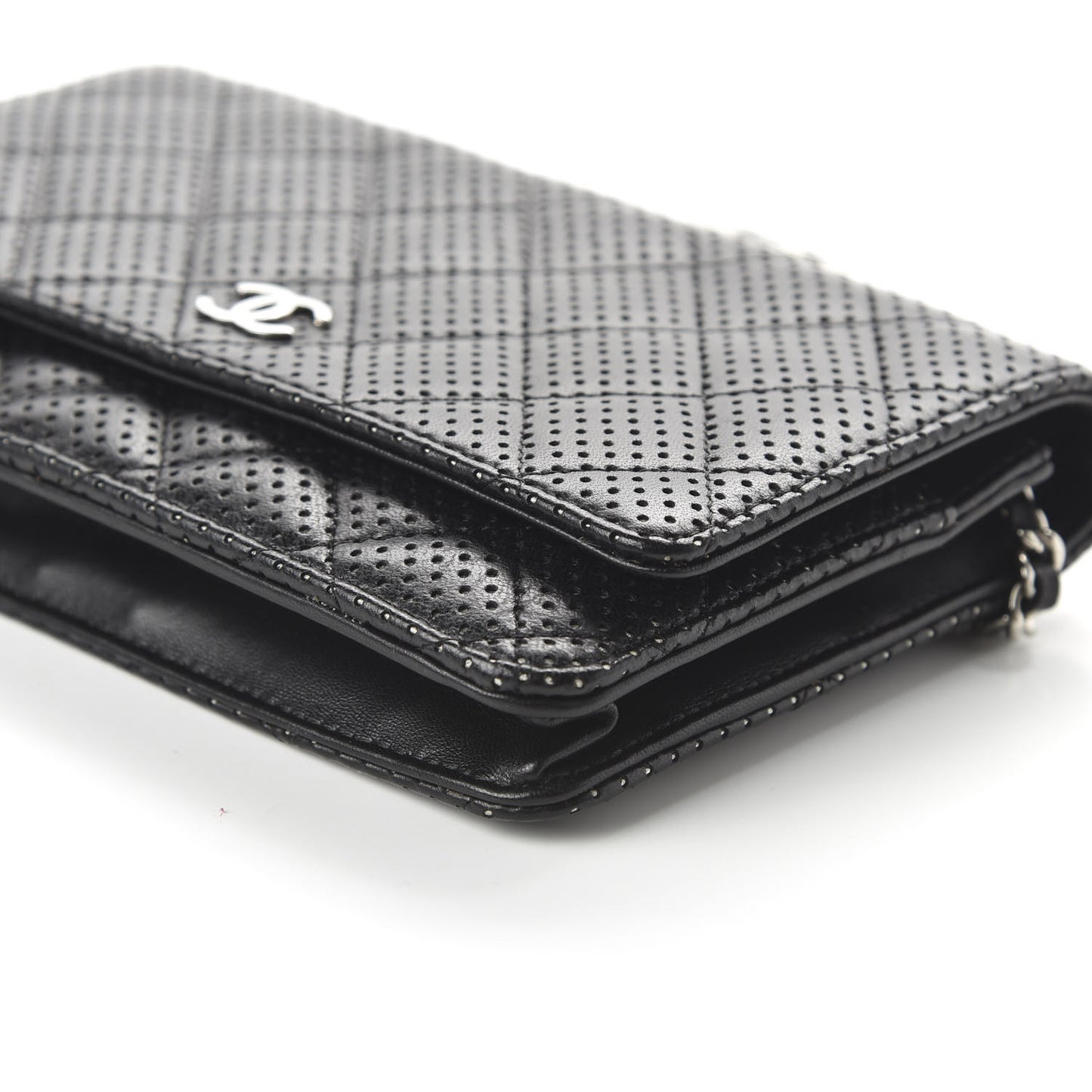 Perforated Lambskin Quilted Wallet On Chain WOC Black