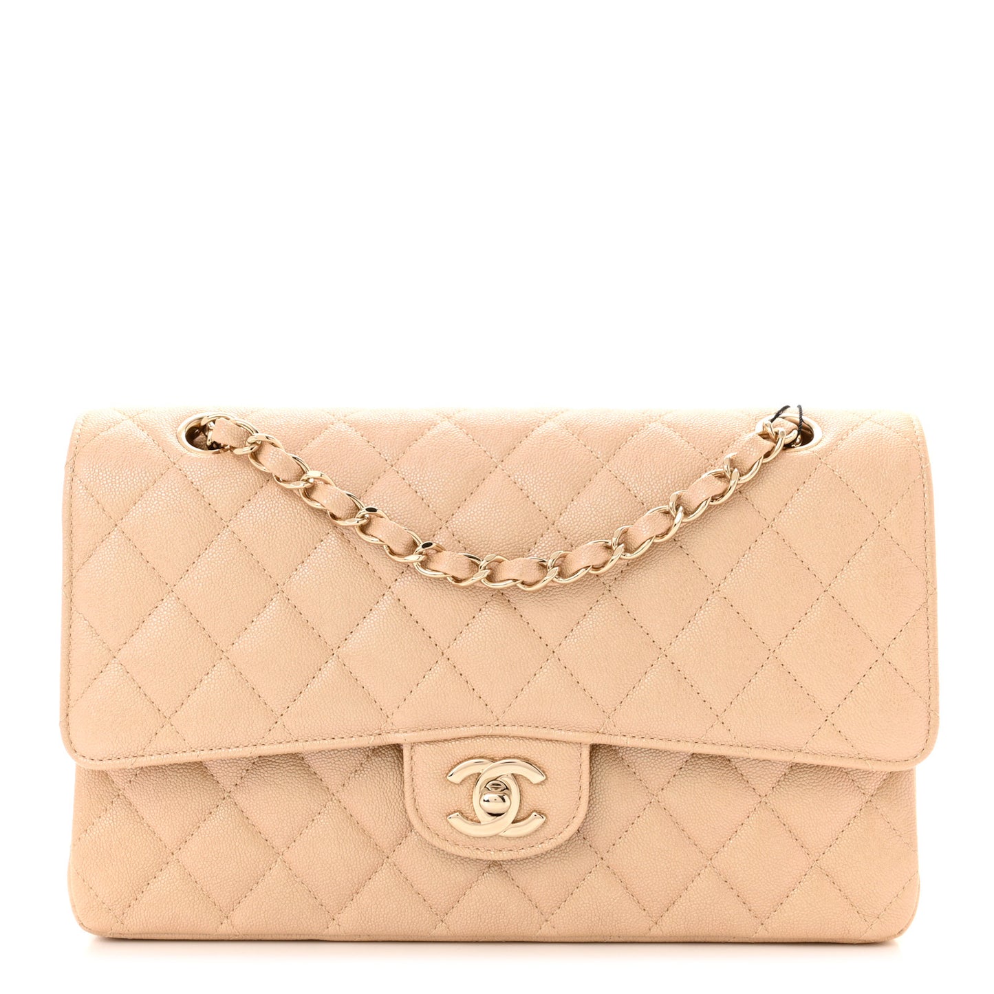 Iridescent Caviar Quilted Medium Double Flap Beige