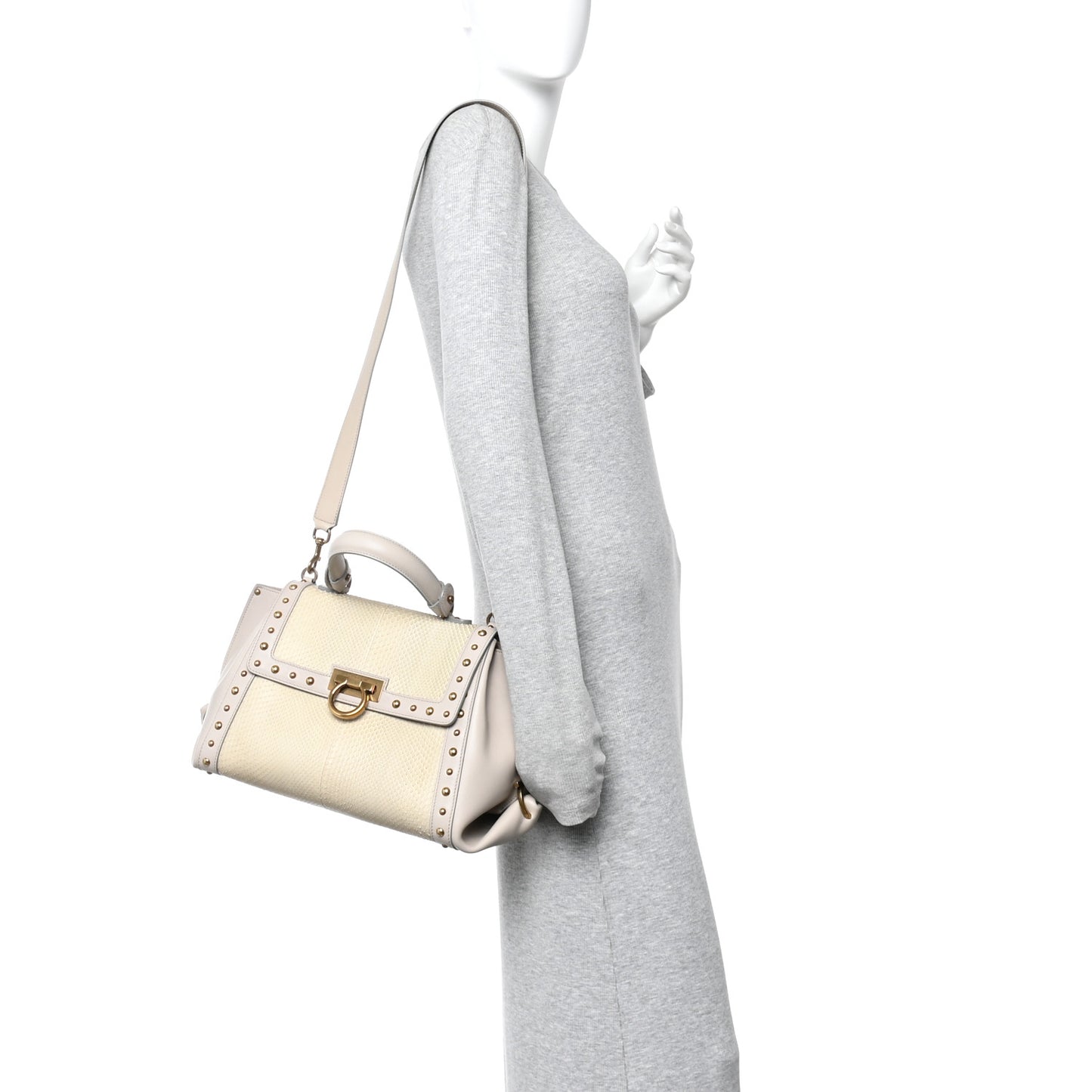 Snakeskin Studded Medium Sofia Satchel Beige White