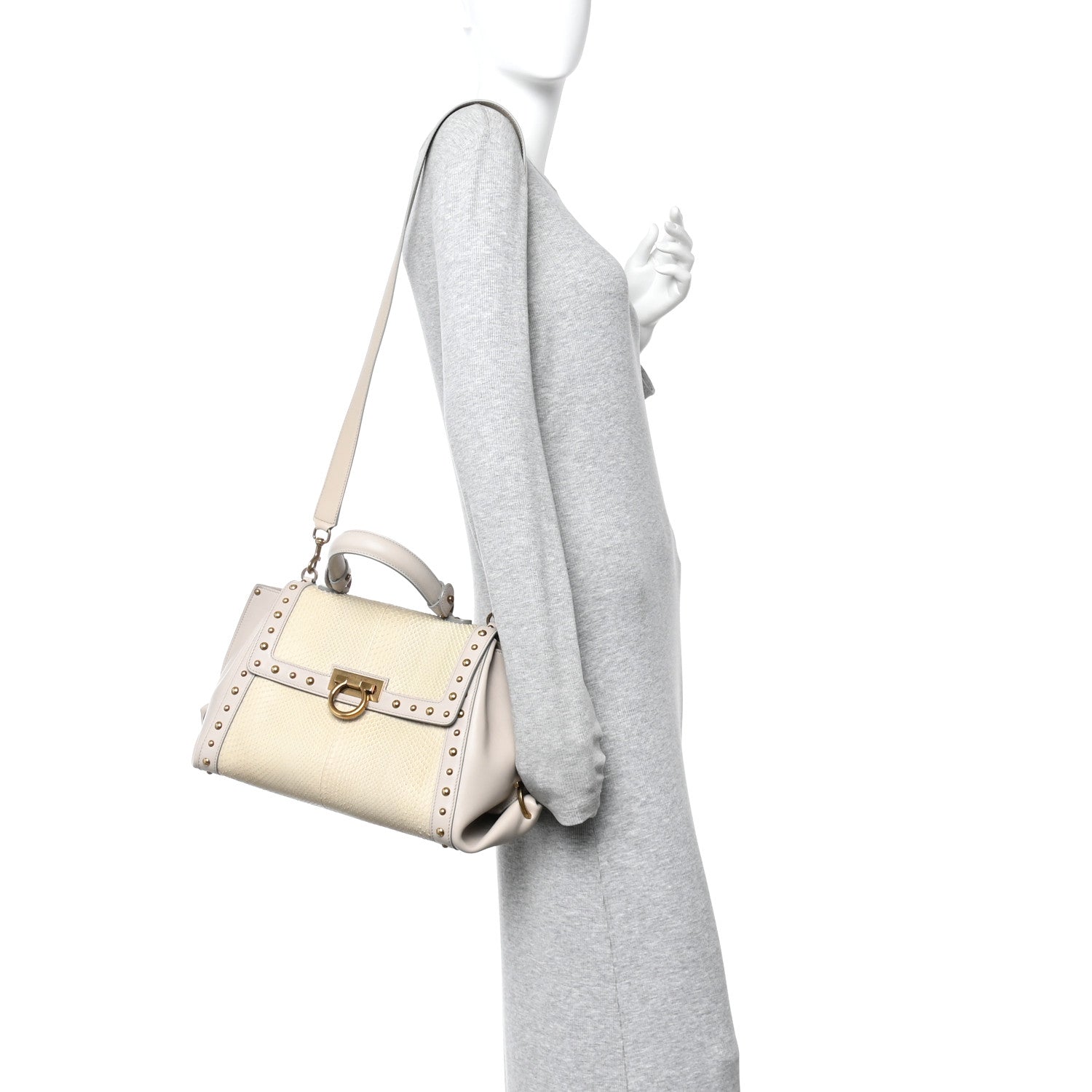 Salvatore Ferragamo Snakeskin Studded Medium Sofia Satchel Beige White 2 of 9