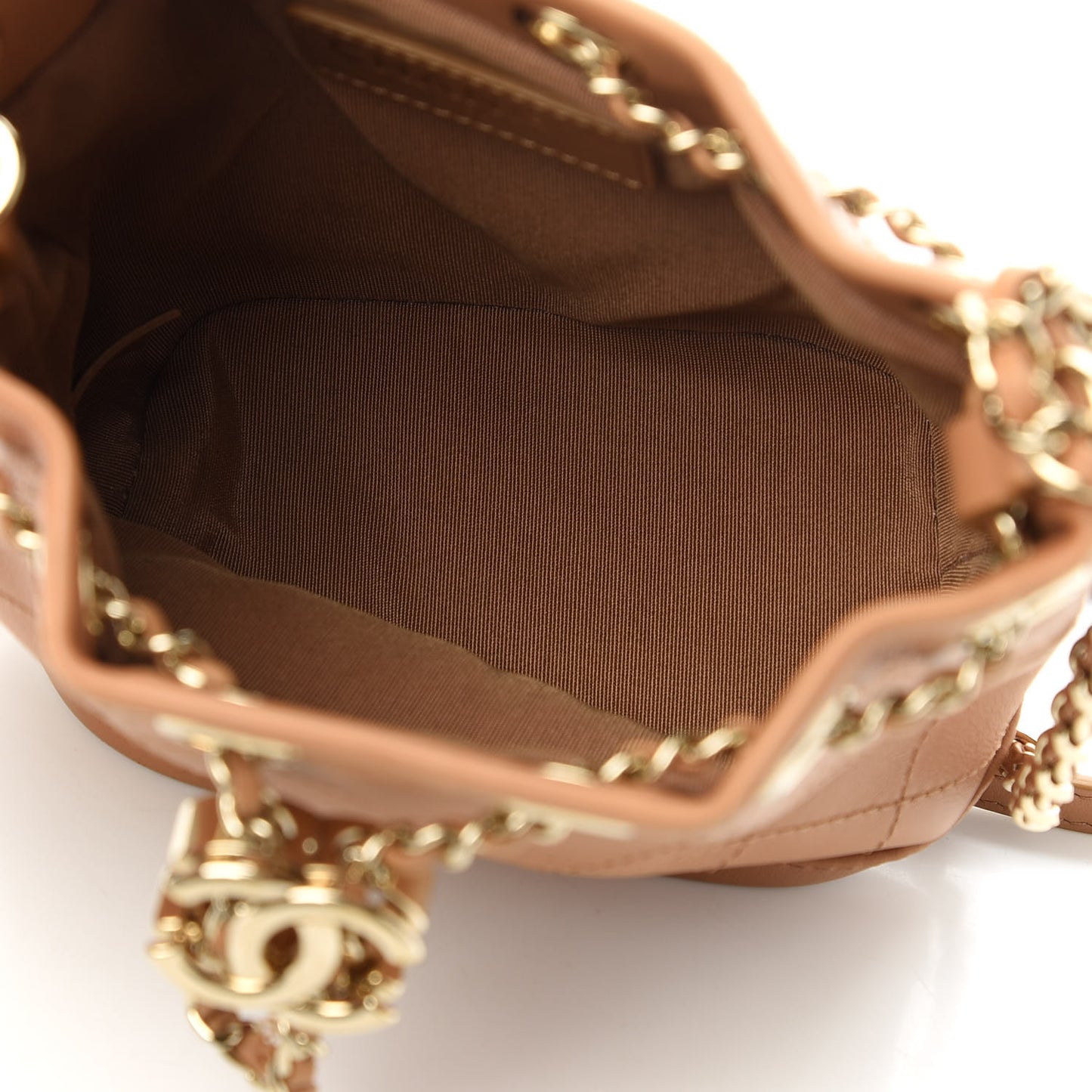 Calfskin Stitched Chain Bucket Bag Camel