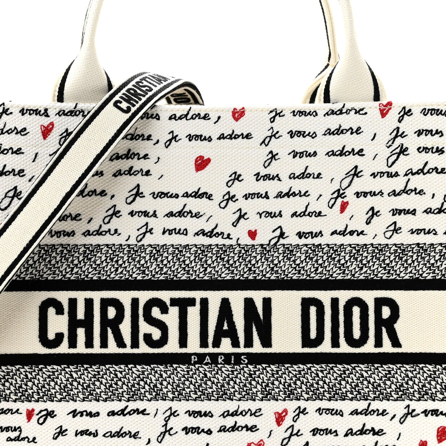 Calfskin Canvas Embroidered Medium Dioramour Je Vous Adore Book Tote With Strap White Black Red