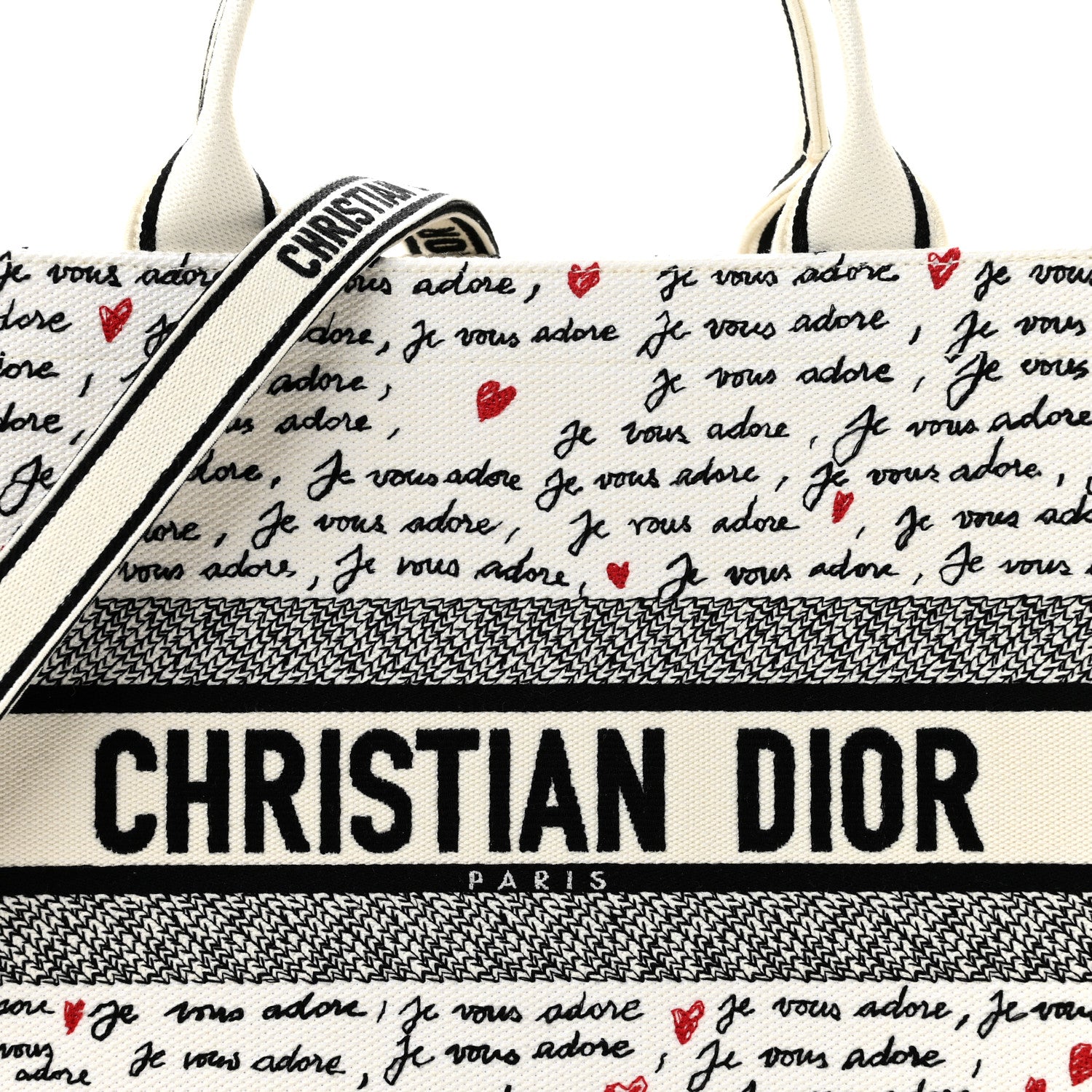 Christian Dior Calfskin Canvas Embroidered Medium Dioramour Je Vous Adore Book Tote With Strap White Black Red 8 of 10