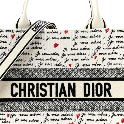 Christian Dior Calfskin Canvas Embroidered Medium Dioramour Je Vous Adore Book Tote With Strap White Black Red 8 of 10