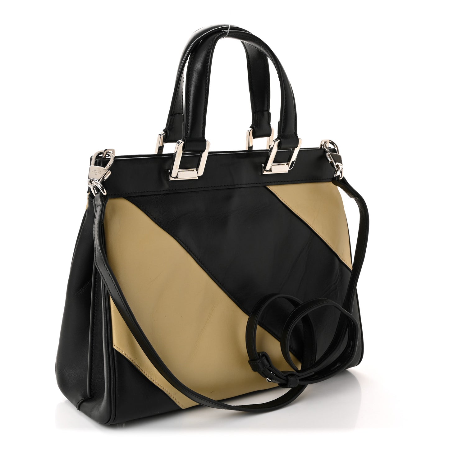 Smooth Calfskin Diagonal Striped Small Zumi Top Handle Bag Black Beige
