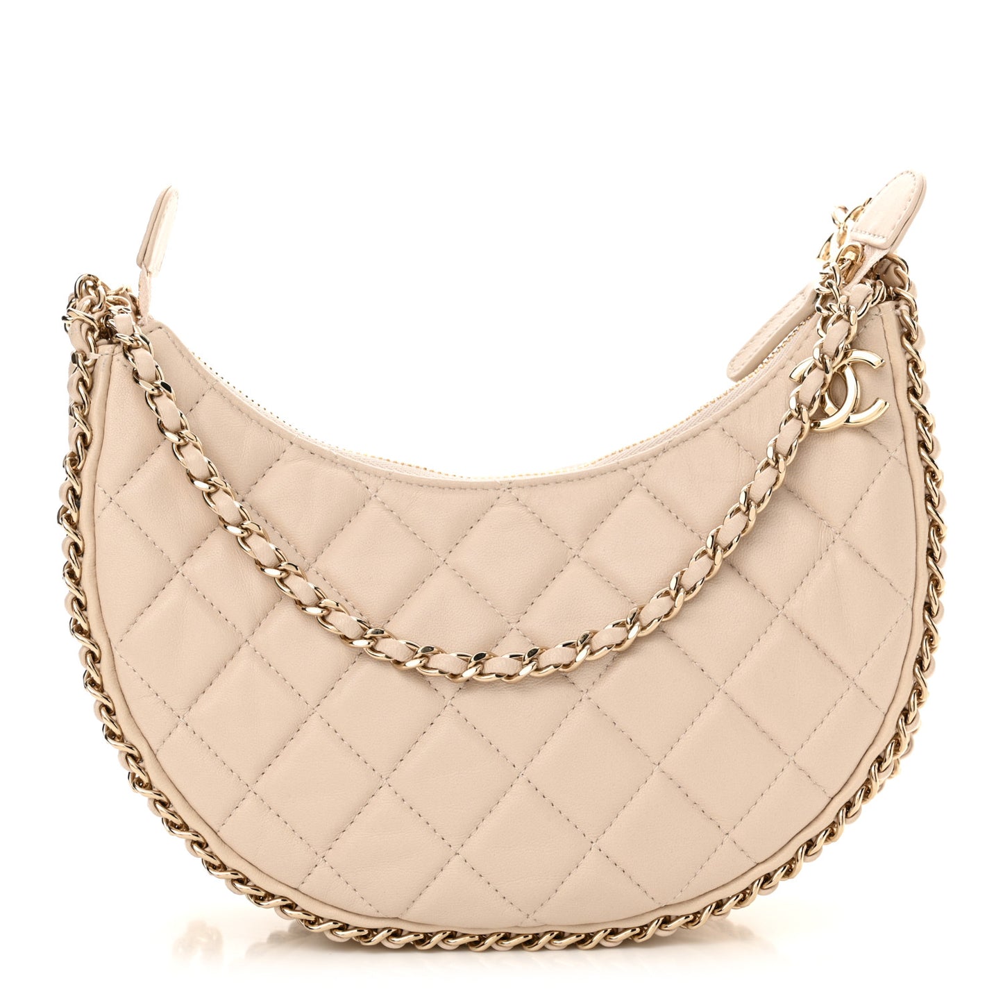 Lambskin Quilted Small Hobo Bag Light Beige