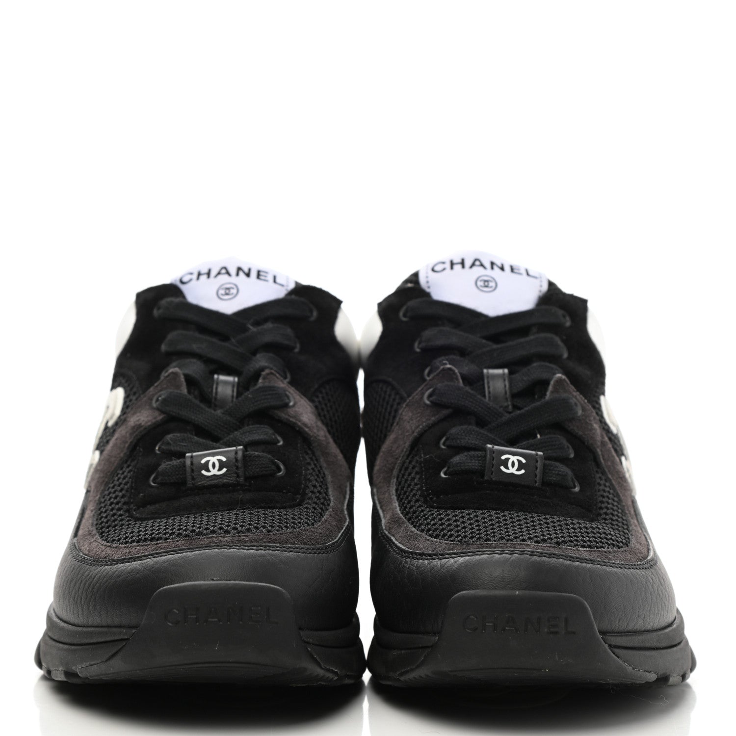 Chanel Mesh Suede Grained Calfskin Womens CC Sneakers 38.5 Black White 2 of 9
