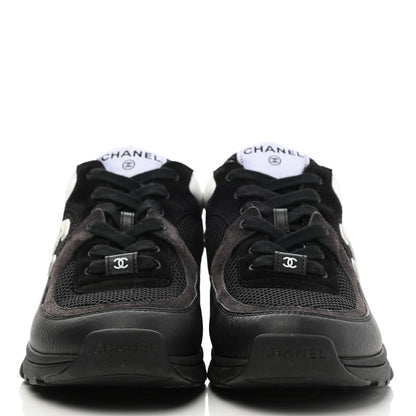 Chanel Mesh Suede Grained Calfskin Womens CC Sneakers 38.5 Black White 2 of 9
