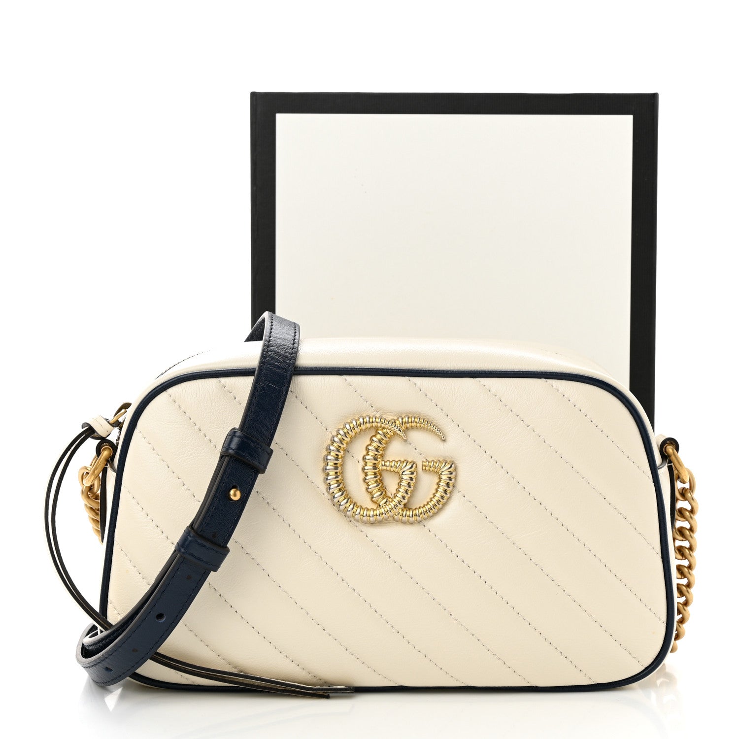 Gucci Vintage Effect Calfskin Matelasse Diagonal Small Torchon GG Marmont Chain Shoulder Bag Mystic White Blue Agata 12 of 12