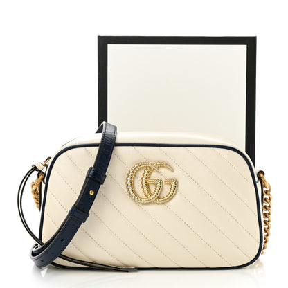 Gucci Vintage Effect Calfskin Matelasse Diagonal Small Torchon GG Marmont Chain Shoulder Bag Mystic White Blue Agata 12 of 12