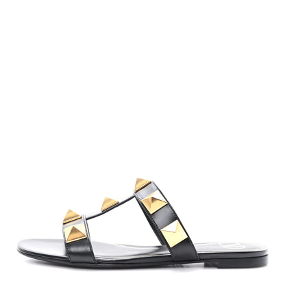 Valentino Garavani Calfskin Roman Stud Flat Slide Sandals 35.5 Black 1 of 10