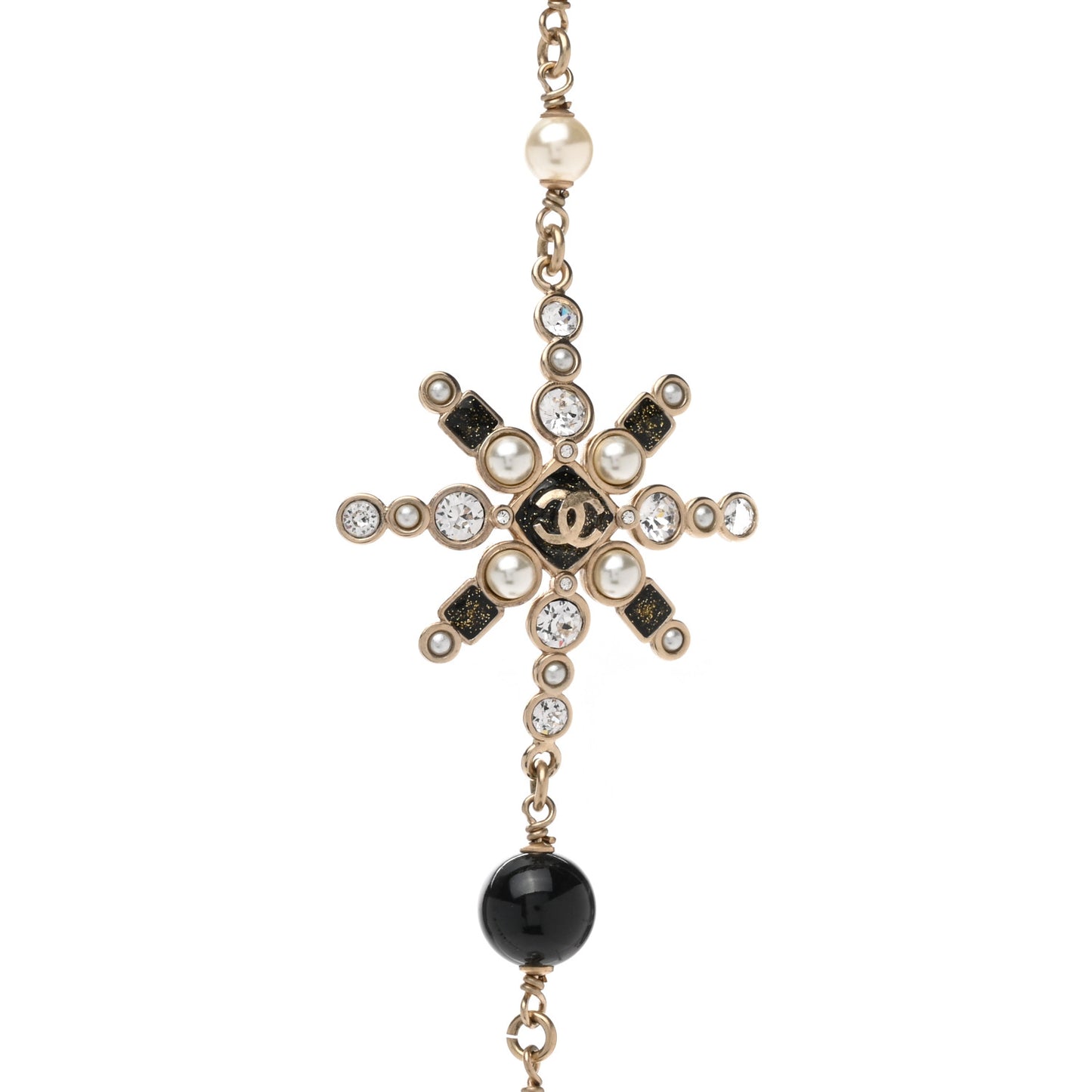 Pearl Crystal Bead CC Long Necklace Black Gold