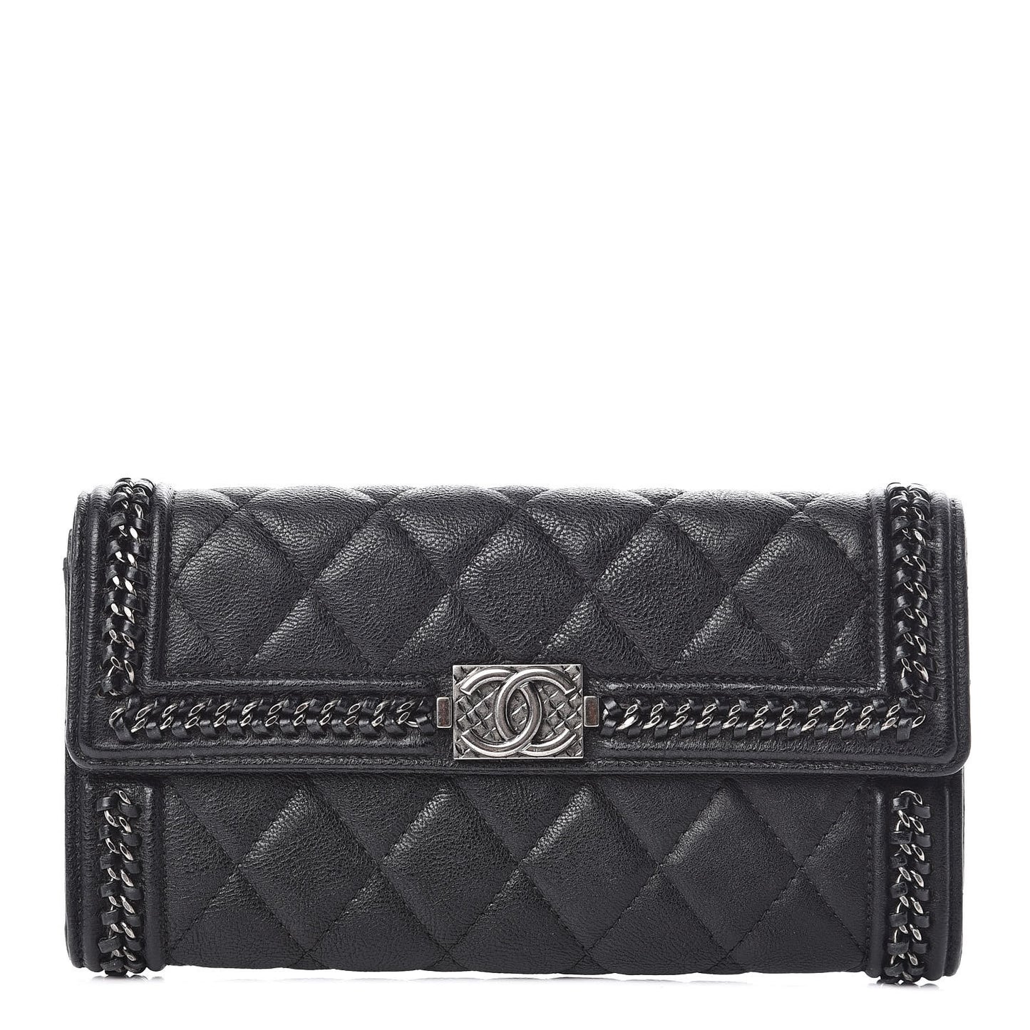 Calfskin Quilted Boy Chain Around Flap Wallet Black