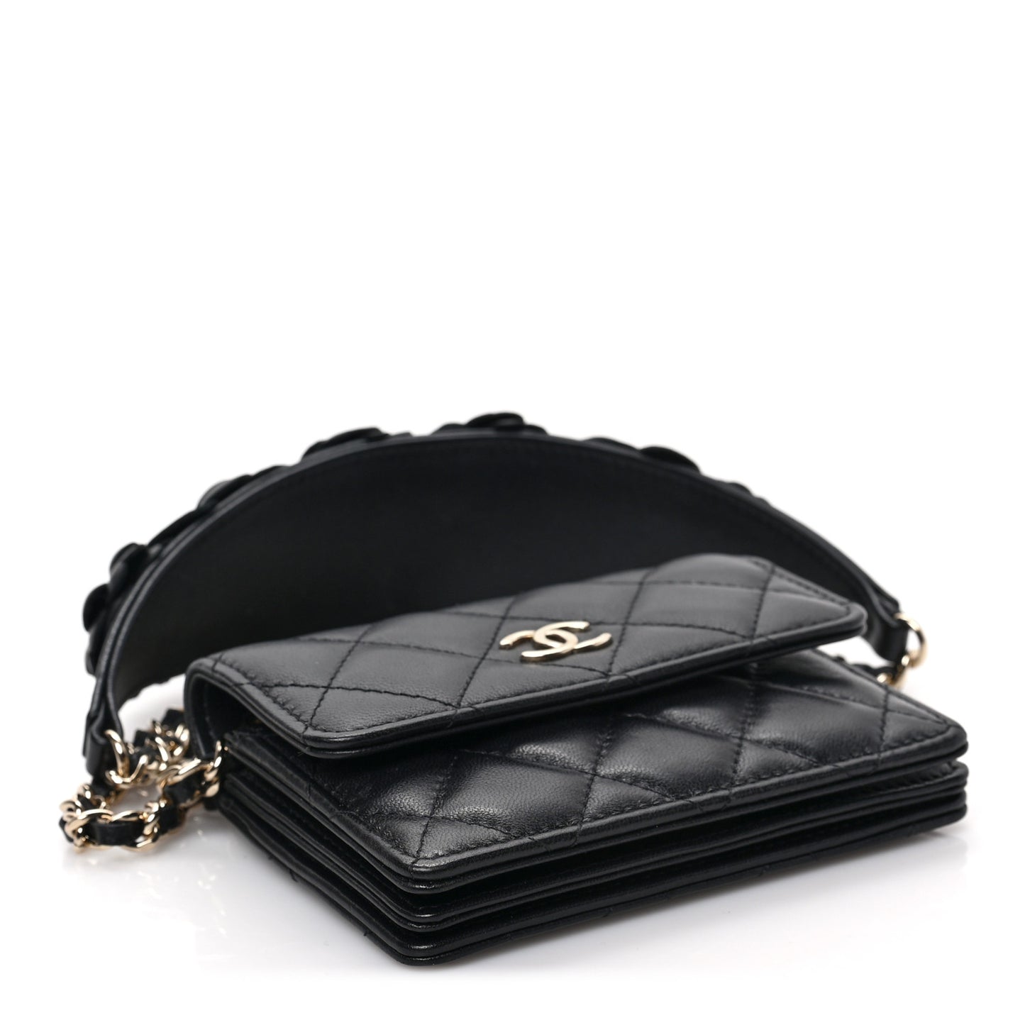Lambskin Quilted Camellia Card Holder On Chain Black