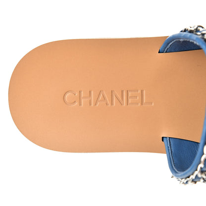 Chanel Cork Tweed Chain Mule Slides 40 Blue 7 of 8