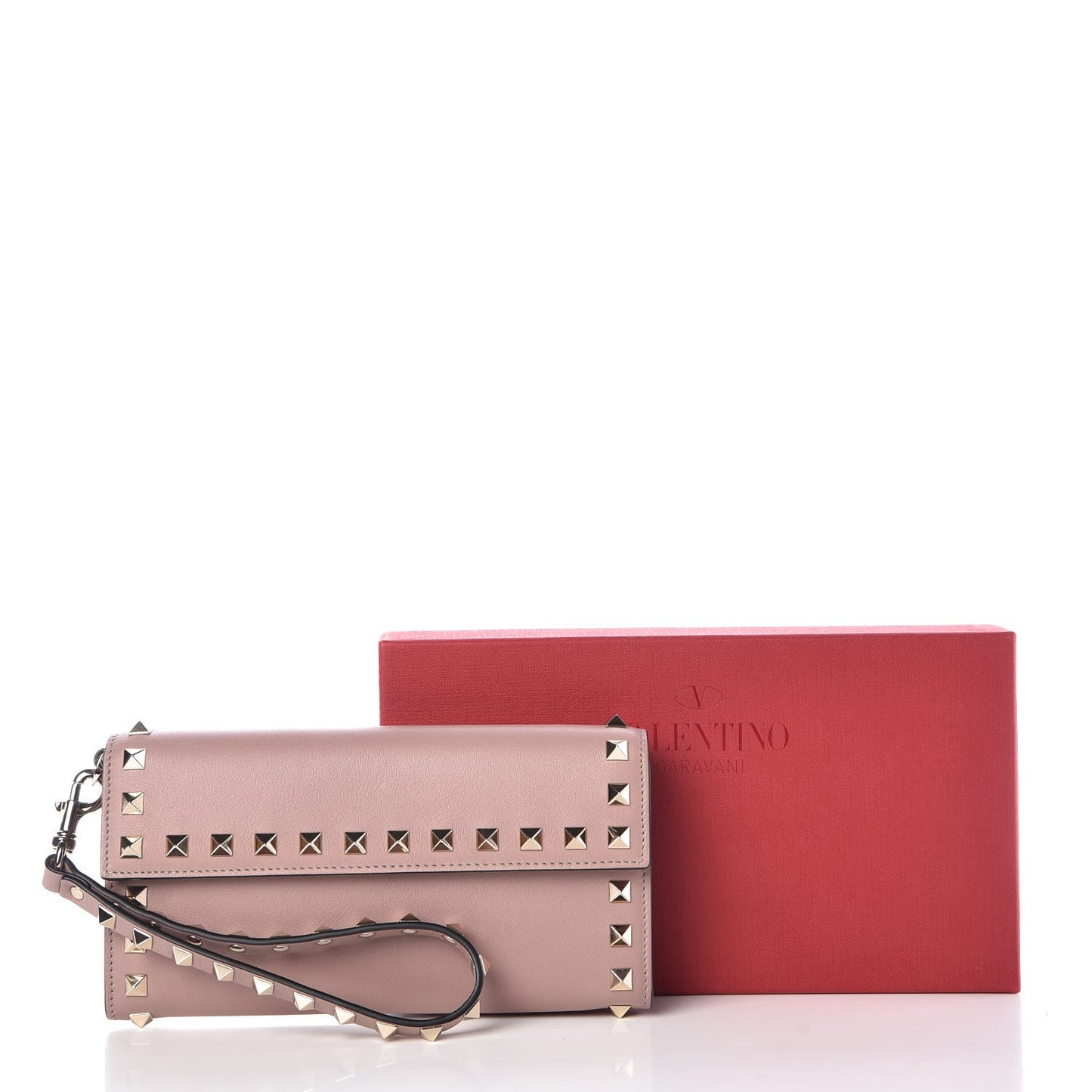 Calfskin Rockstud Wristlet Travel Wallet Poudre