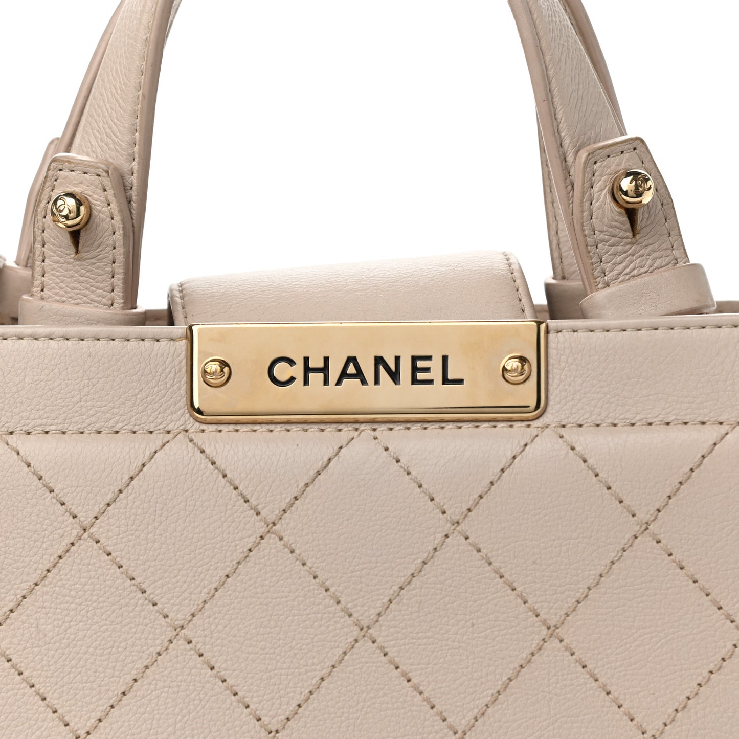 Grained Calfskin Stitched Small Label Click Shopper Tote Light Beige