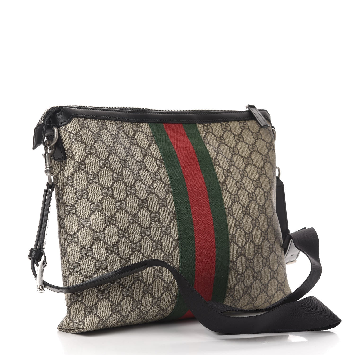 Gucci GG Supreme Monogram Calfskin Web Medium Flat Messenger Bag Beige Ebony Black 3 of 10