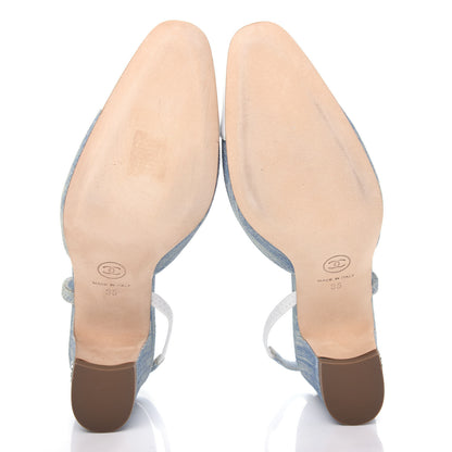 Chanel Denim Lambskin Cap Toe CC Slingback Pumps 35 Light Blue White 6 of 11