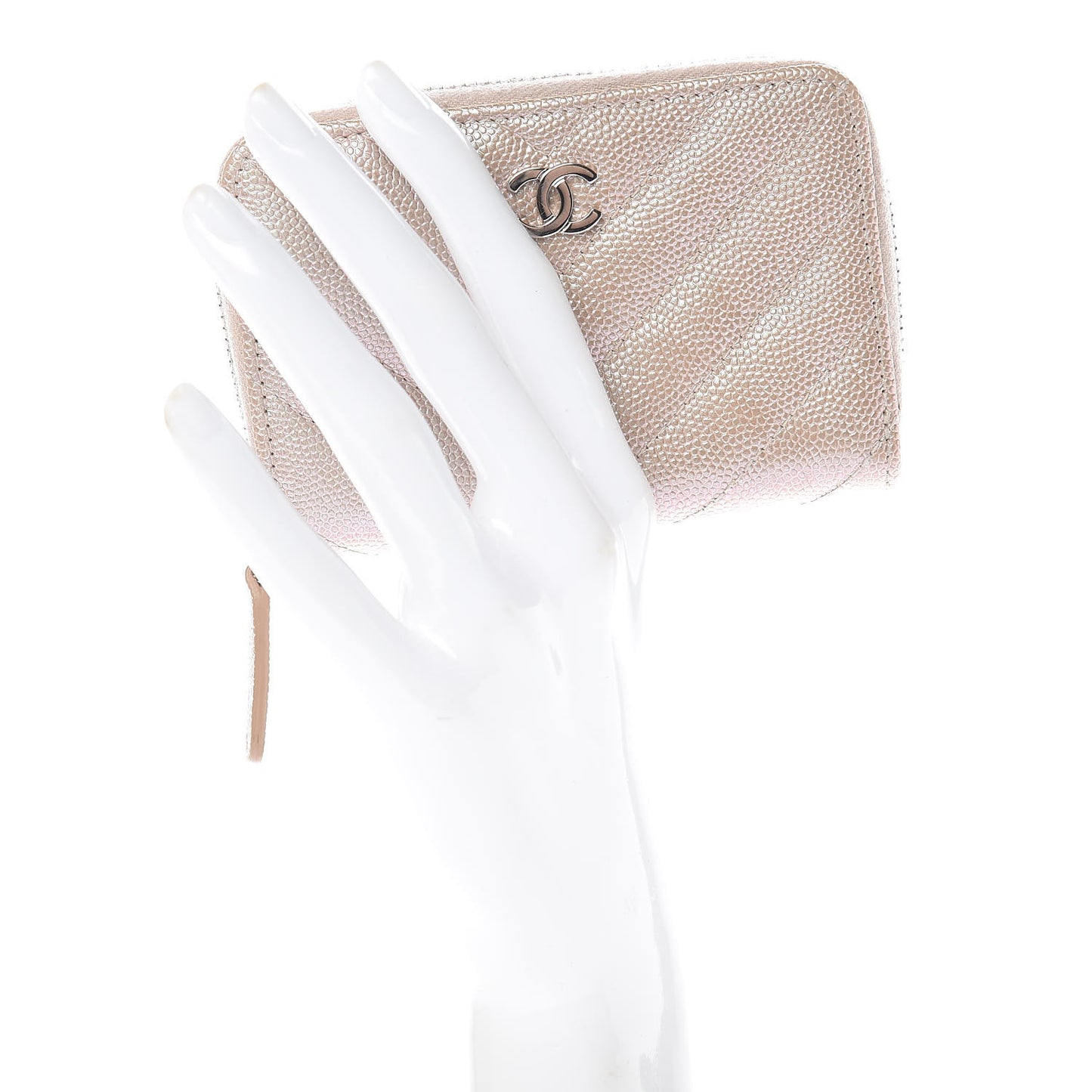 Metallic Caviar Chevron Quilted Zip Around Coin Purse Light Gold