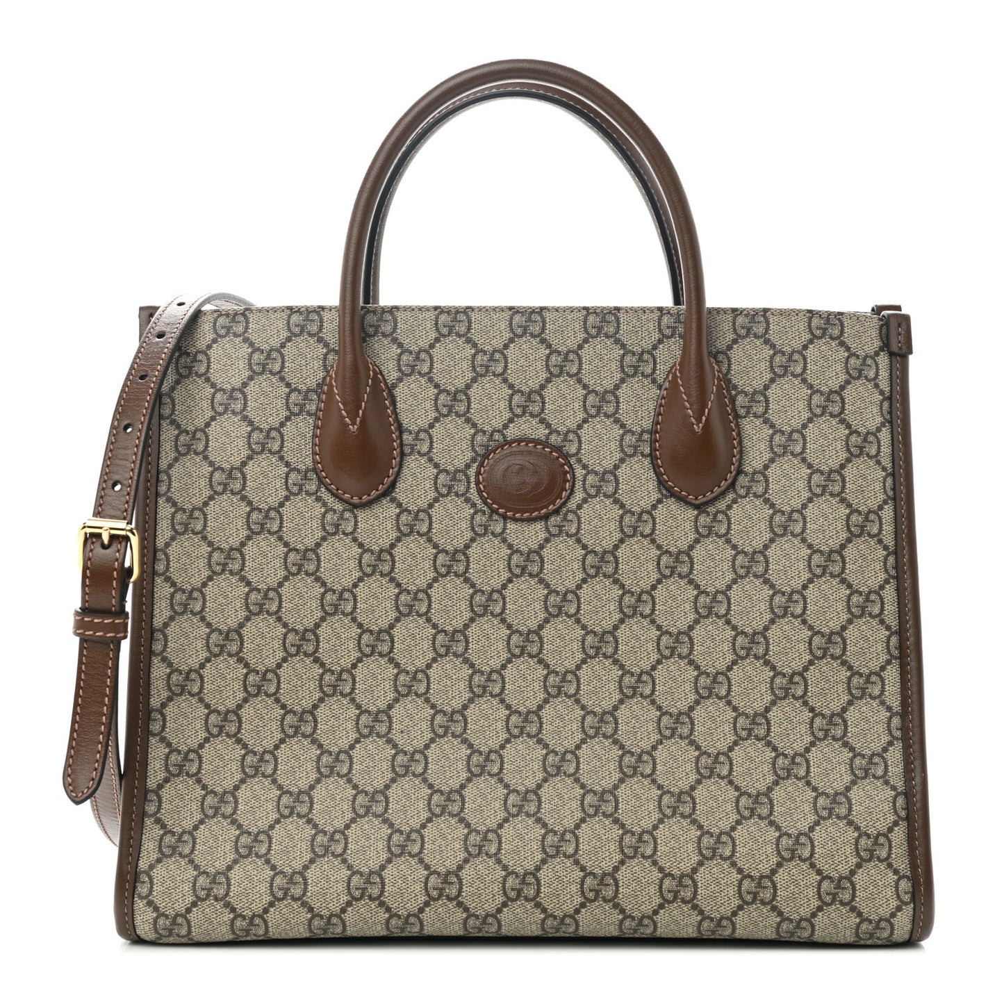 GG Supreme Monogram Azalea Calfskin Small Retro Interlocking G Tote Bag Beige Ebony Brown Sugar