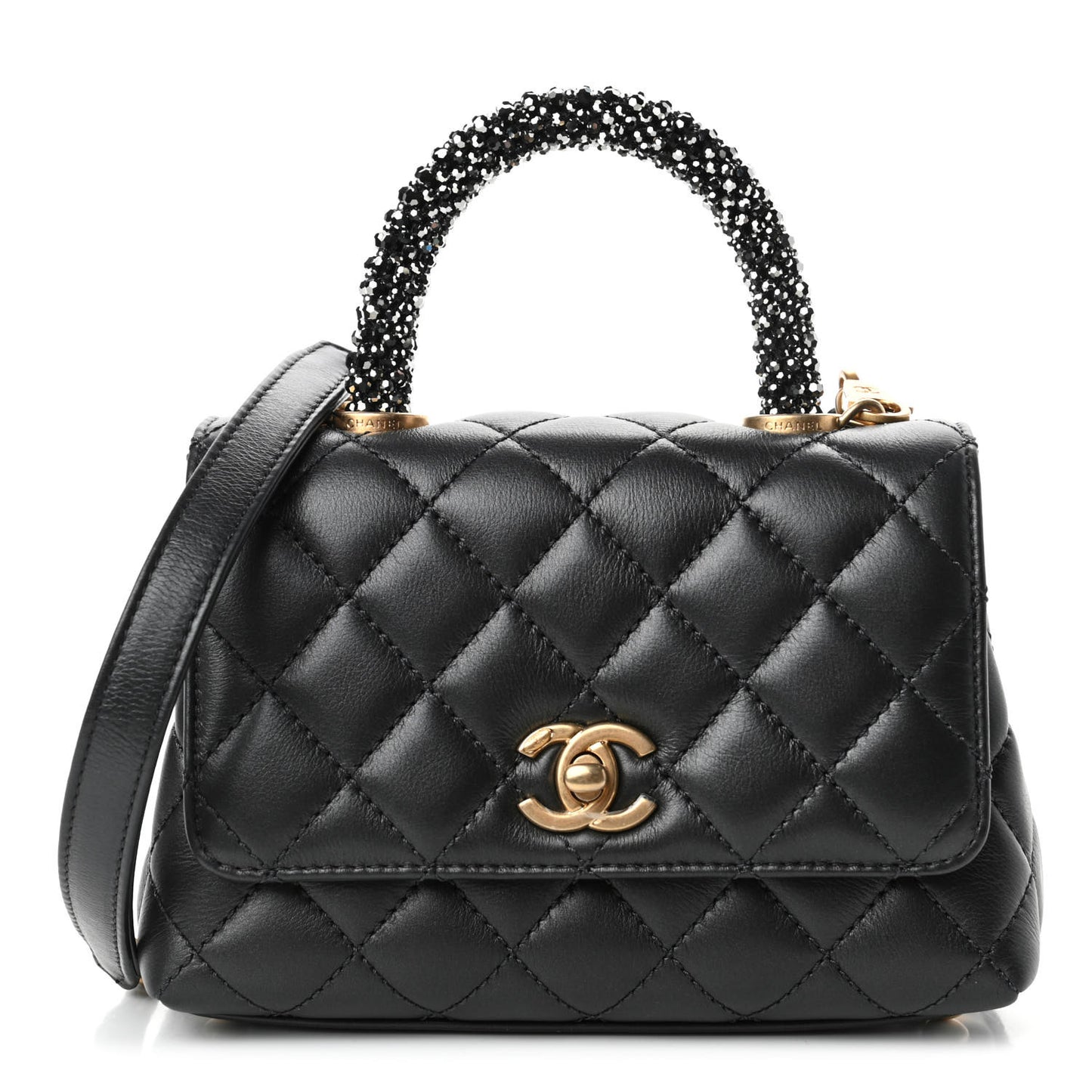 Calfskin Crystal Quilted Extra Mini Coco Handle Flap Black