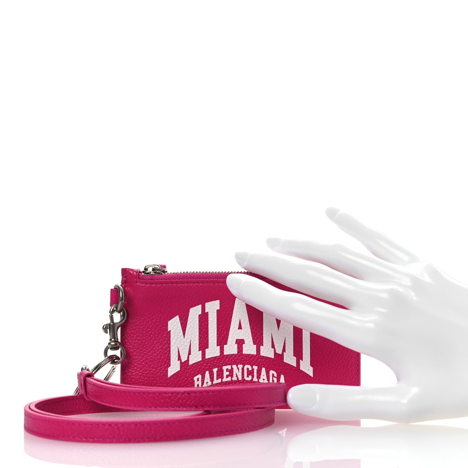 Balenciaga Grained Calfskin Miami Logo Cash Coin Card Holder On Keychain Fuchsia 2 of 8