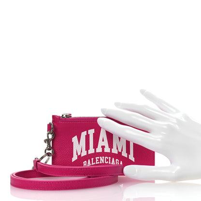 Balenciaga Grained Calfskin Miami Logo Cash Coin Card Holder On Keychain Fuchsia 2 of 8