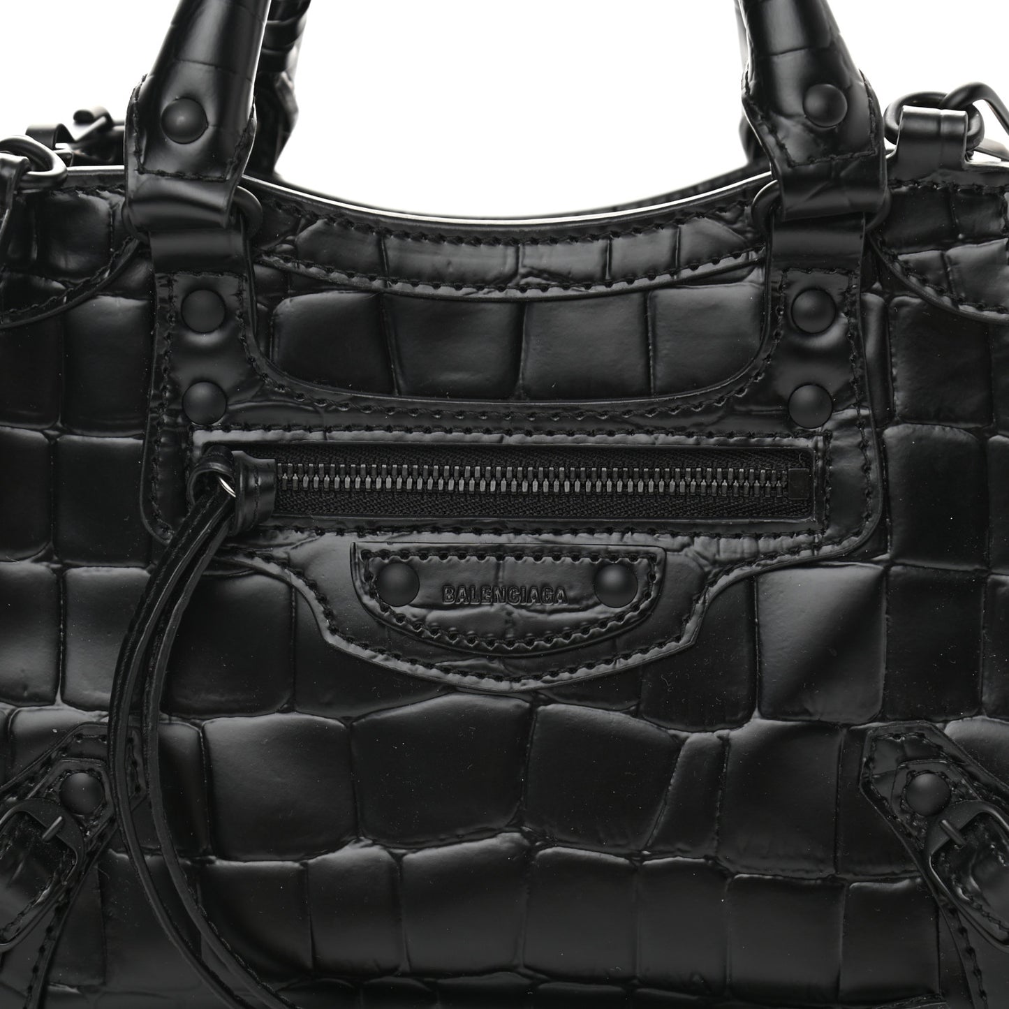 Semi Shiny Calfskin Crocodile Embossed Neo Classic Black Hardware Mini City Black