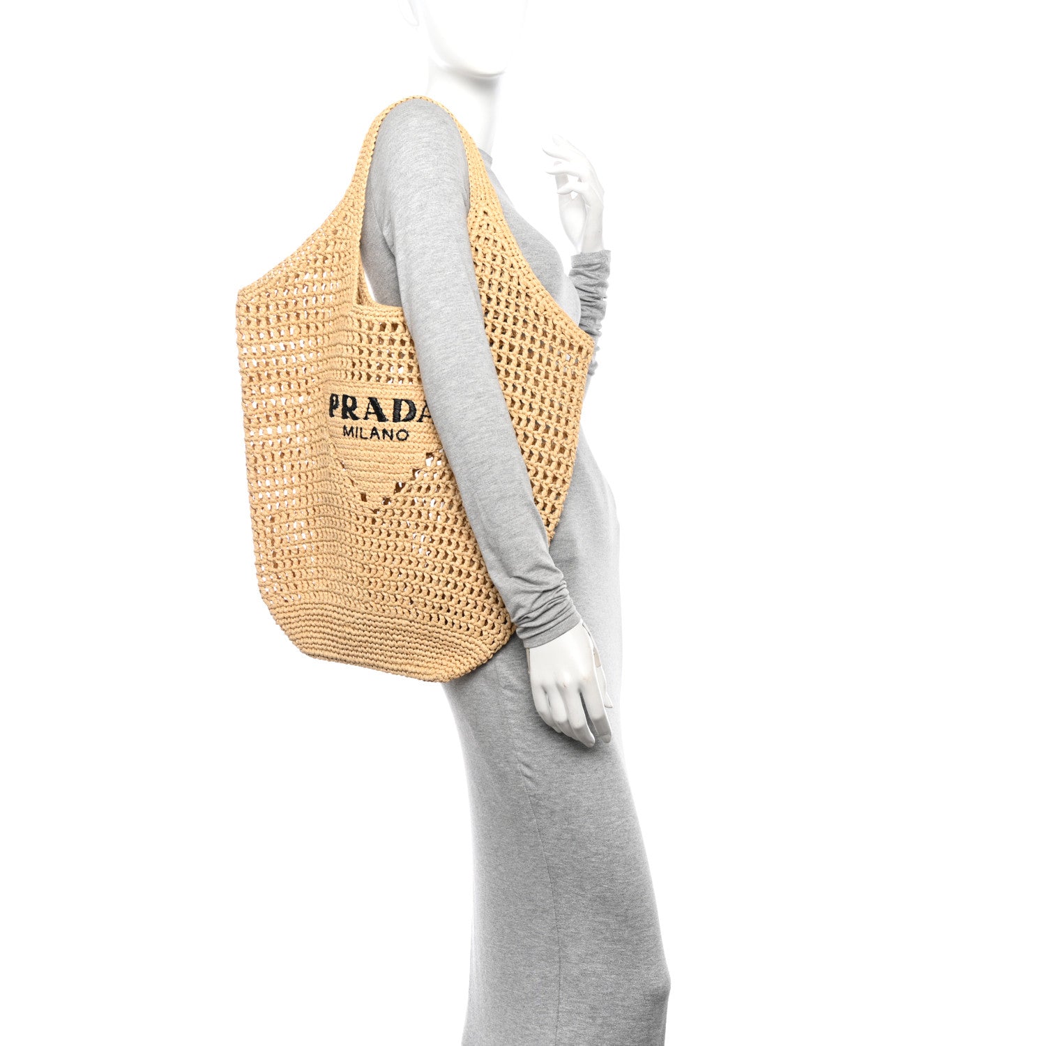 Prada Yarn Raffia Effect Crochet Logo Embroidered Shopping Tote Bag Naturale 2 of 10