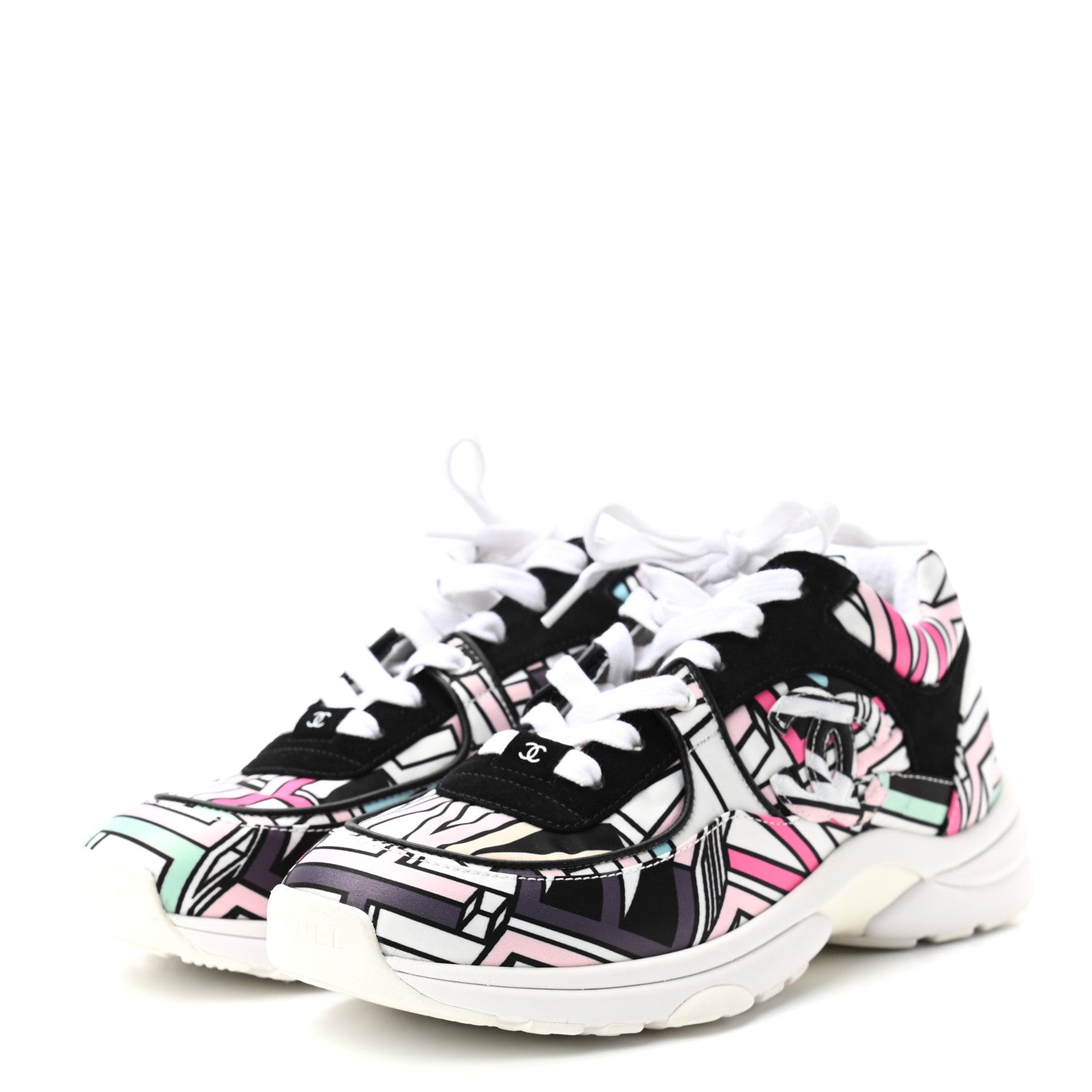 Chanel Suede Calfskin Nylon Geometric Print CC Sneakers 39 White Multicolor 3 of 10