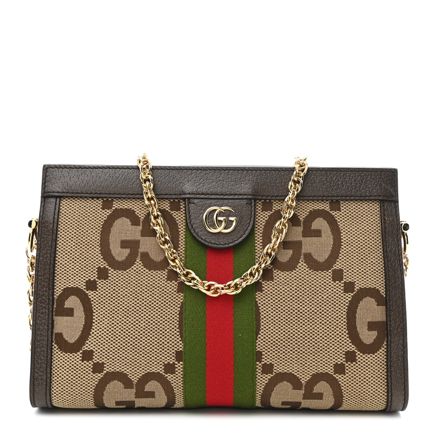 Monogram Jumbo GG Textured Dollar Calfskin Web Small Ophidia Chain Shoulder Bag Camel Ebony New Acero