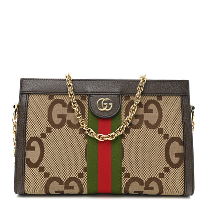 Gucci Monogram Jumbo GG Textured Dollar Calfskin Web Small Ophidia Chain Shoulder Bag Camel Ebony New Acero 1 of 10