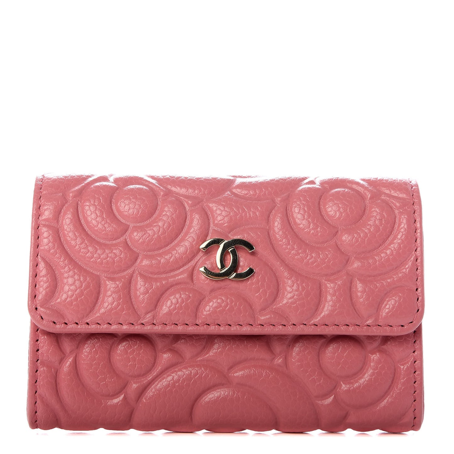 Caviar Camellia Embossed Card Holder Wallet Pink