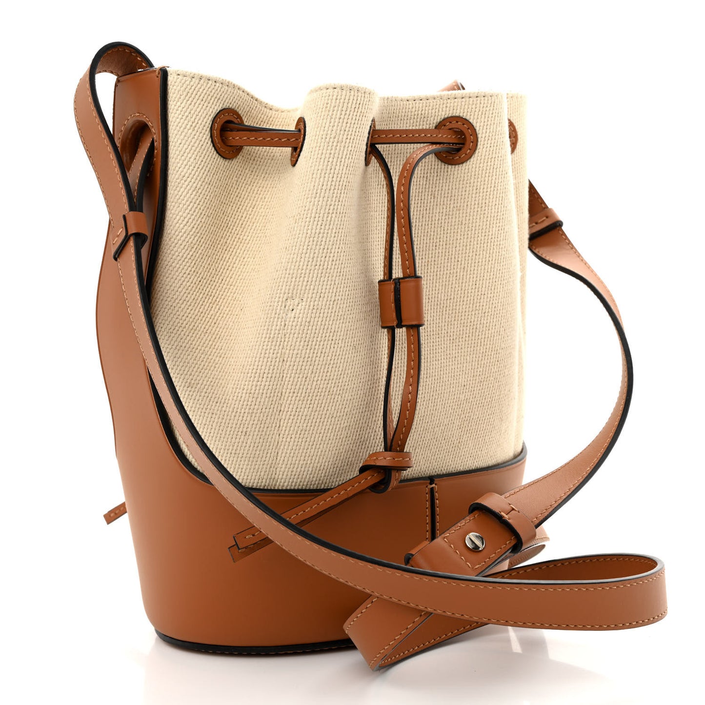 Canvas Calfskin Balloon Bucket Bag Ecru Tan
