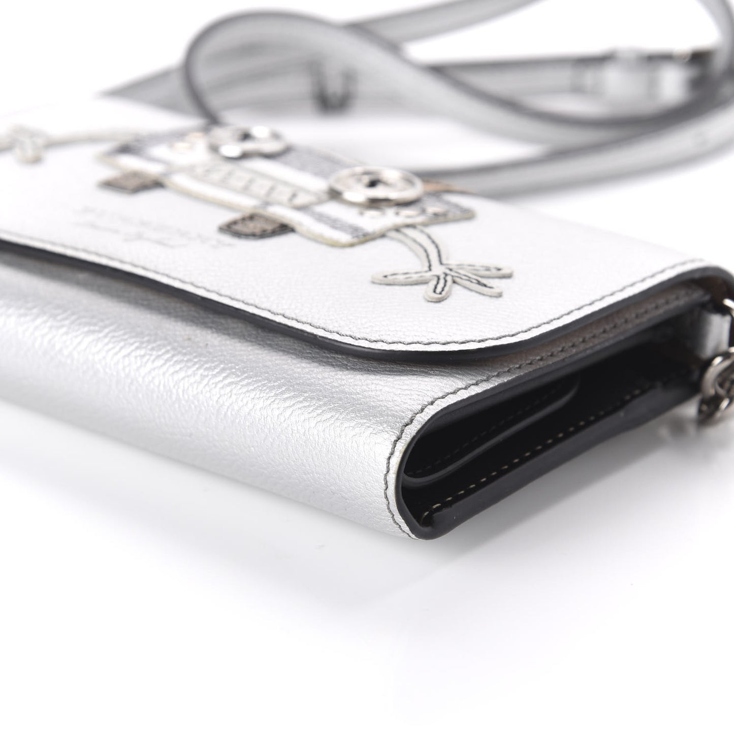 Metallic Grainy Calfskin Creature Applique Wallet On Chain Silver