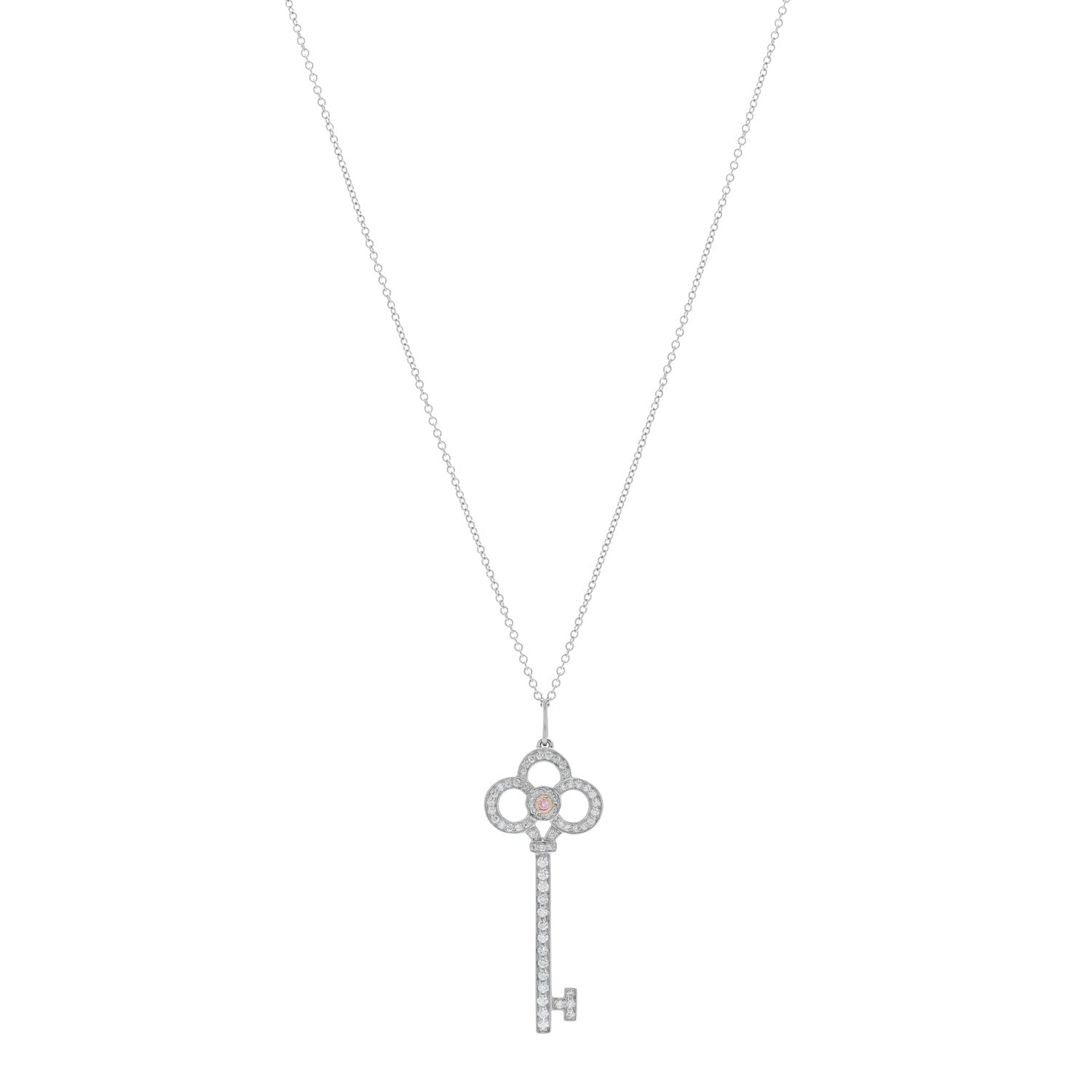 Tiffany Platinum 18K Rose Gold Pink Diamond Crown Key Pendant Necklace 1 of 5
