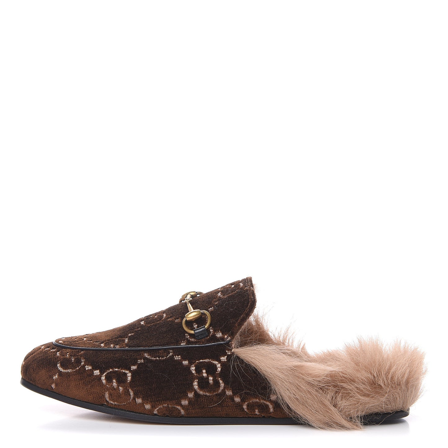 Velvet GG Monogram Fur Womens Princetown Slippers 37.5 Brown Black Natural