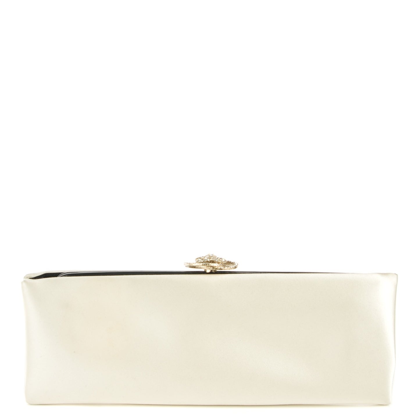 Satin Crystal Camellia Evening Clutch White